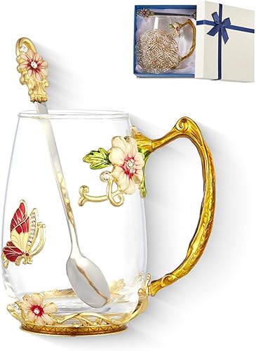 Taza de café elegante, taza de té de cristal transparente con margaritas de mariposa con cuchara, caja de regalo para mamá, esposa, abuela, niñas,