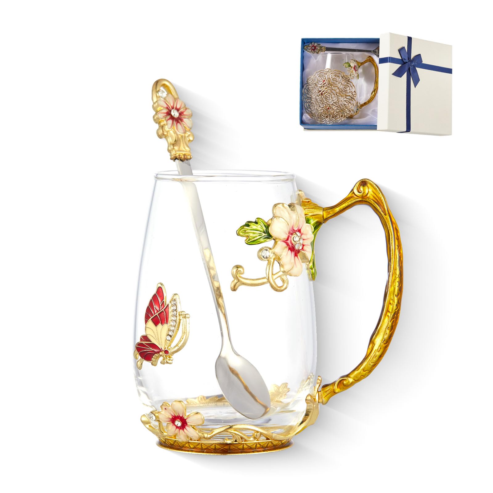 Flower Tea Cup,Clear Glass Fancy Coffee Mug with Spoon,Gift Box for Her Mom Wife Grandma Girls Friends Valentines Christmas Birthday Present Idea for Juice Milk Hot And Cold Drinks Use