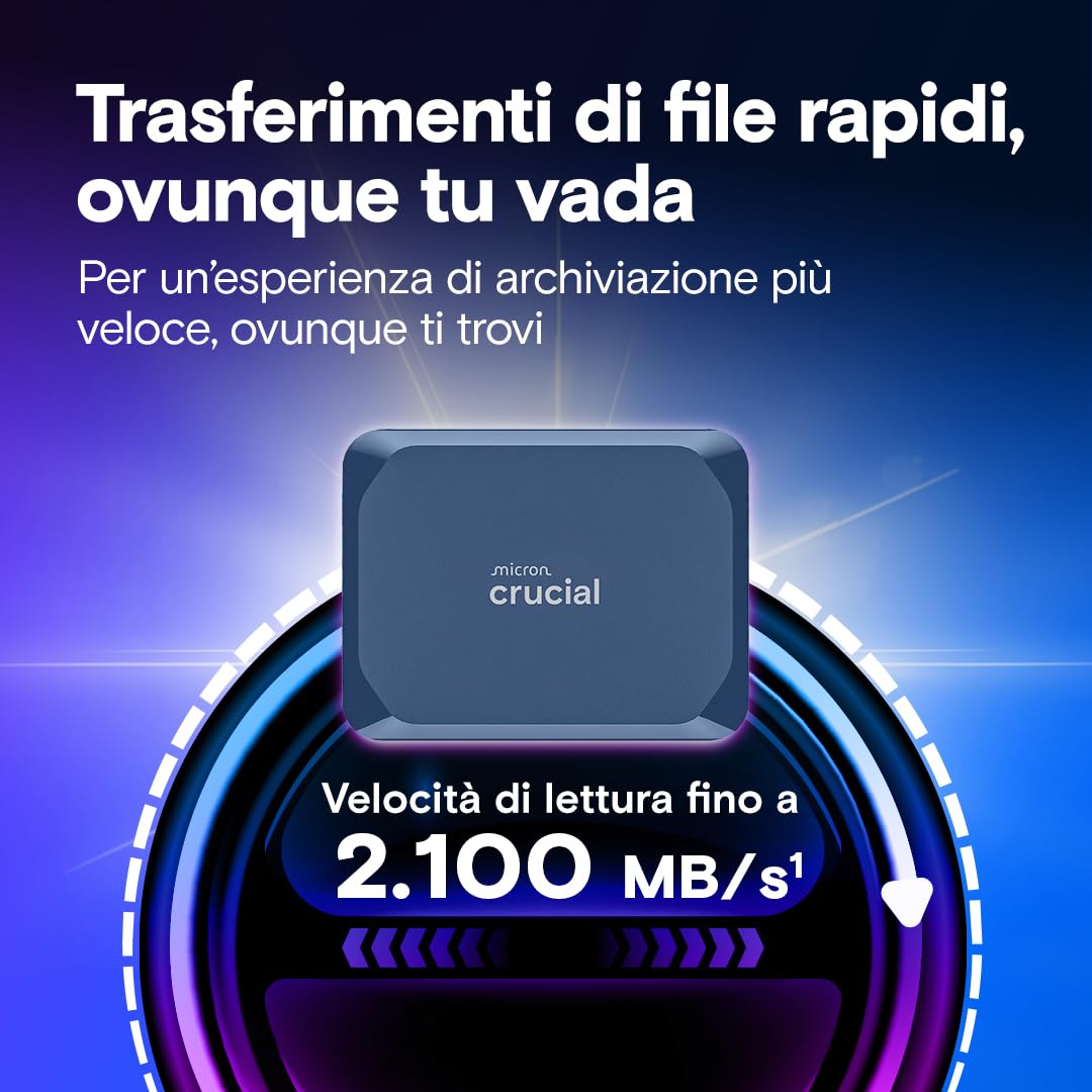 Crucial X10 SSD Esterno 6TB, Fino a 2100 MB/s, USB-C 3.2 Gen2, IP65 Resistenza ad Acqua e Polvere, Hard Disk Esterno, Blu Opaco - CT6000X10SSD9-02