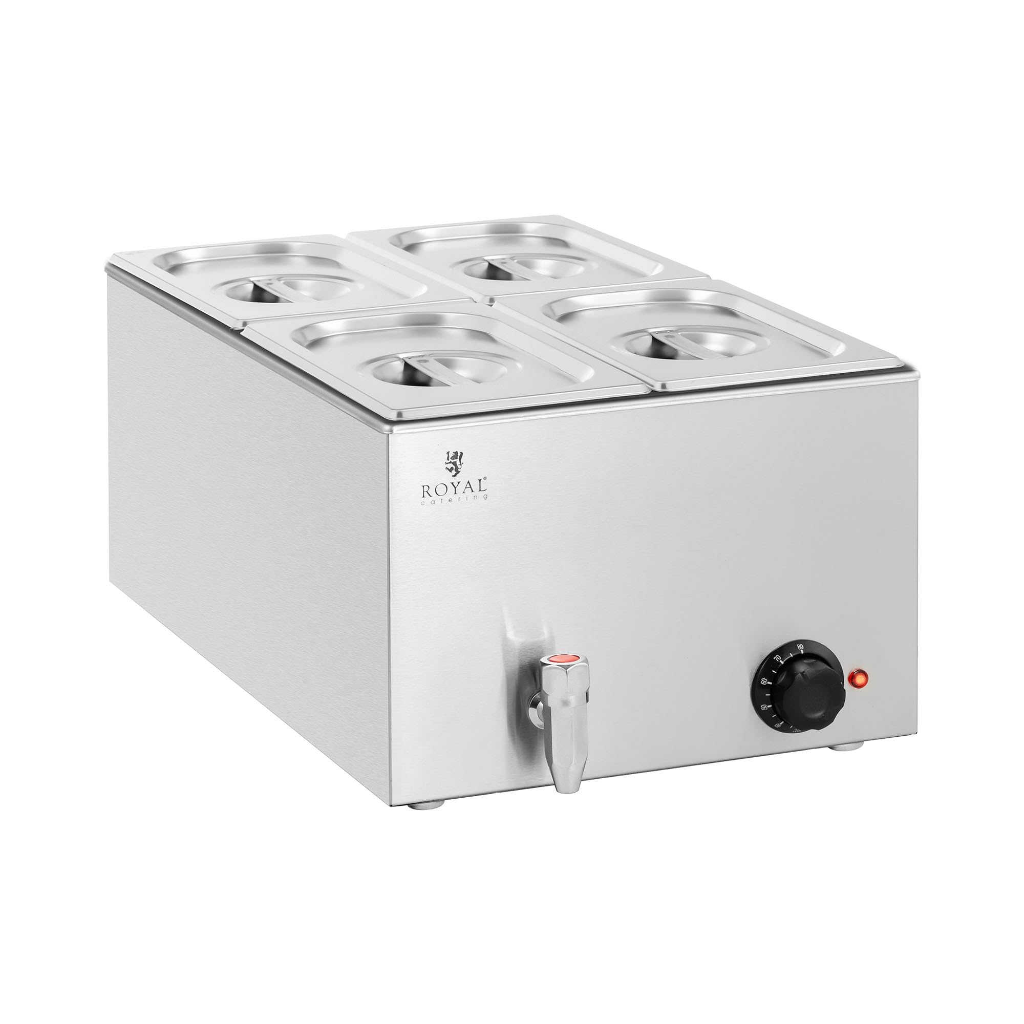 Royal Catering RCBM_GN1/4 Bain Marie 600 W 4 GN 1/4 rubinetto di scarico per bagnomaria scaldavivande