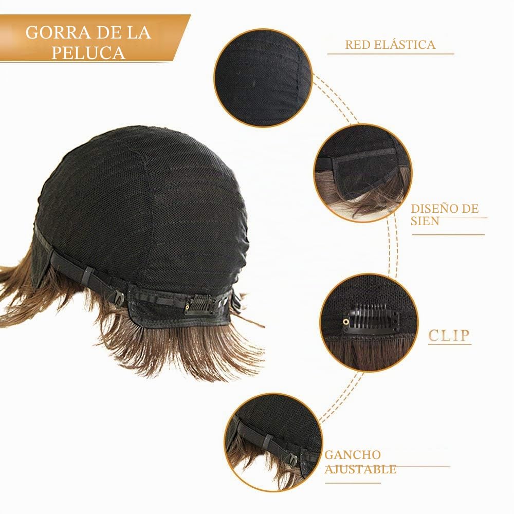 HAIRCUBE pelucas de pelo corto para mujeres con flequillo peluca de cabello humano natural Castaño