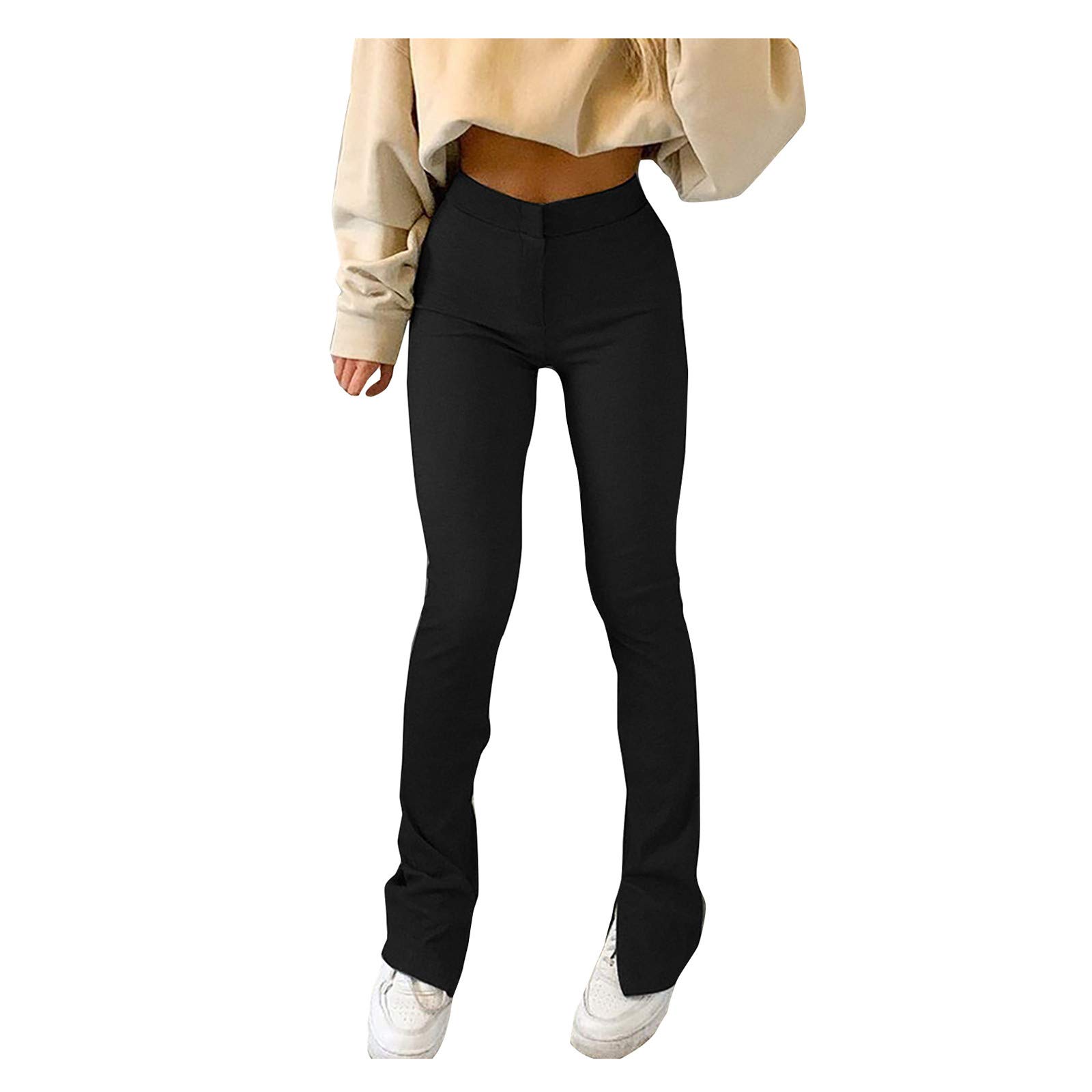 LIXIAO Women Casual Solid Color Slim-fit Trousers Slit Hem High-waisted Skinny Sweatpants Daily Casual Pants