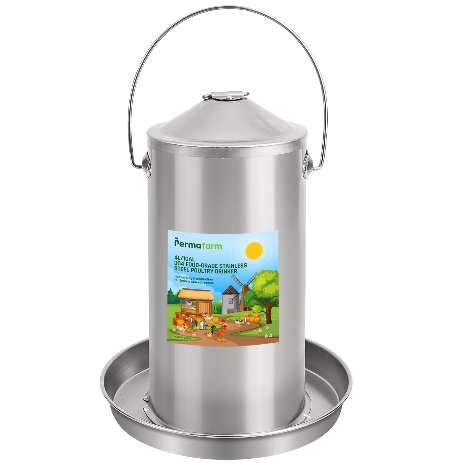 Chicken Waterer 8L / 2.1Gal, 304 Food-Grade Stainless Steel Poultry Waterer, Automatic Chicken Waterer Heavy-Duty 0.03 Inch Metal-Thickness, Solid Rubber Seal Vacuum Chicken Drinker