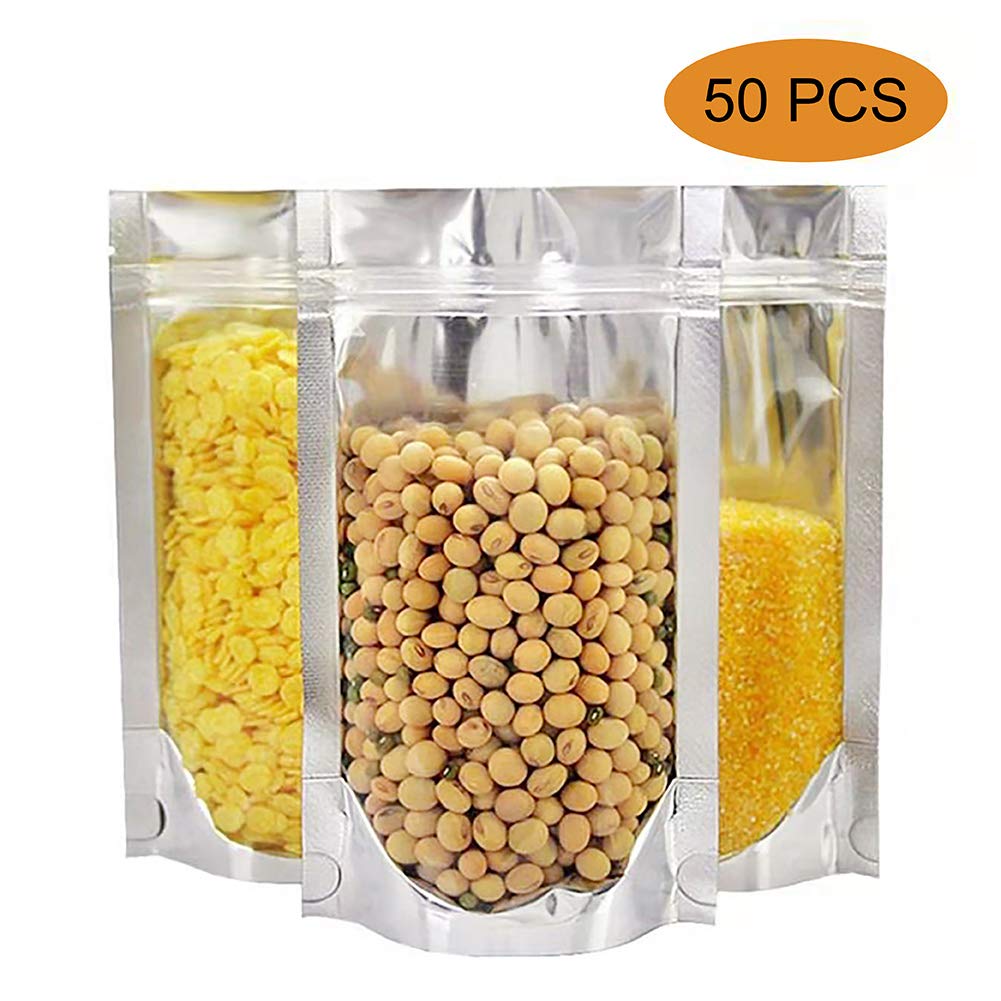 KEYBEE Aluminium Foil Food Bags - 50pcs Resealable Zip Lock Bulk Front Clear Stand Up Food Storage Pouches - Your Helper For Organization And Storage (18 * 26cm)