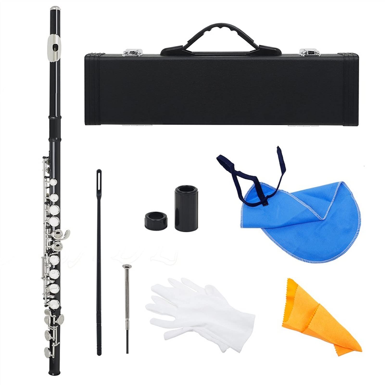 ZUZU Clave De Plata Cupronickel Flauta 16 Agujeros Agujero Cerrado C Tono Flauta Negra Instrumento De Viento De Madera con Estuche Cuero Paño De Limpieza Kit Flauta