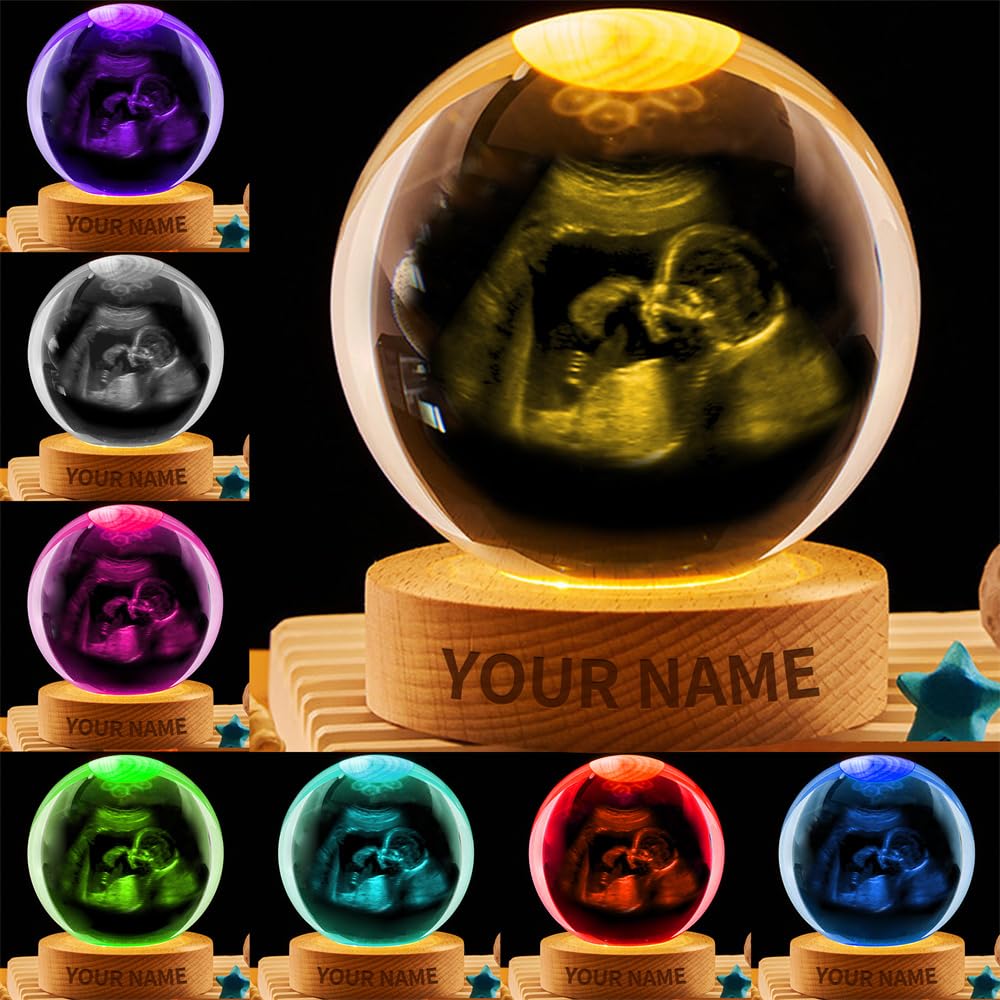 MYZQIFF Personalized 3D Photo Baby's Ultrasound Crystal Ball Night Light,Custom Baby Ultrasound Photo Picture LED Crystal Ball Keepsake,Pregnancy Announcement Gift