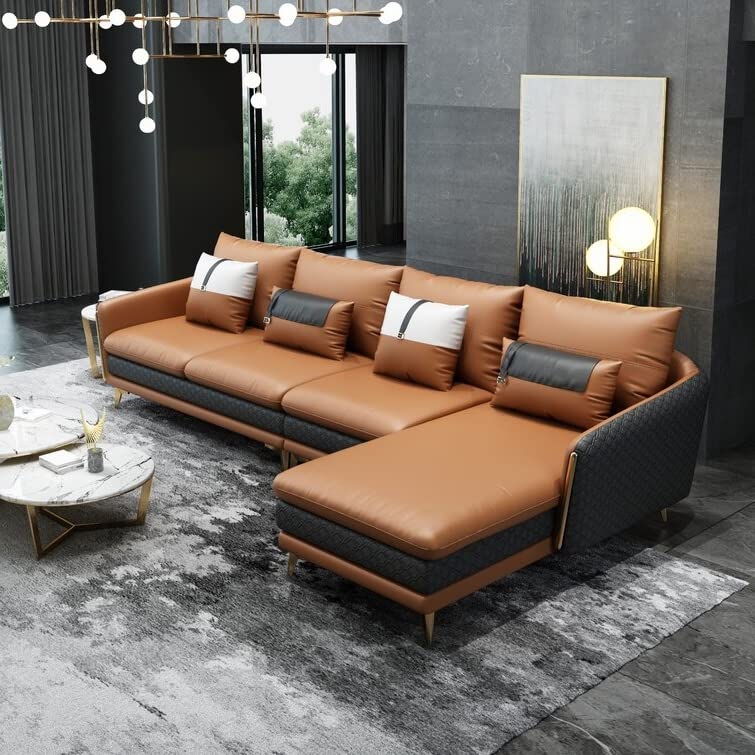 Image of Sofa Set T&T Co. Unique Verstile Design 3 Seater Sofa and 1 Chaise Luxury Imperia Collection Cushion Back with Upholstered Soft Touch Premium Leatherette for Living Room Loung (Brown & Grey)
