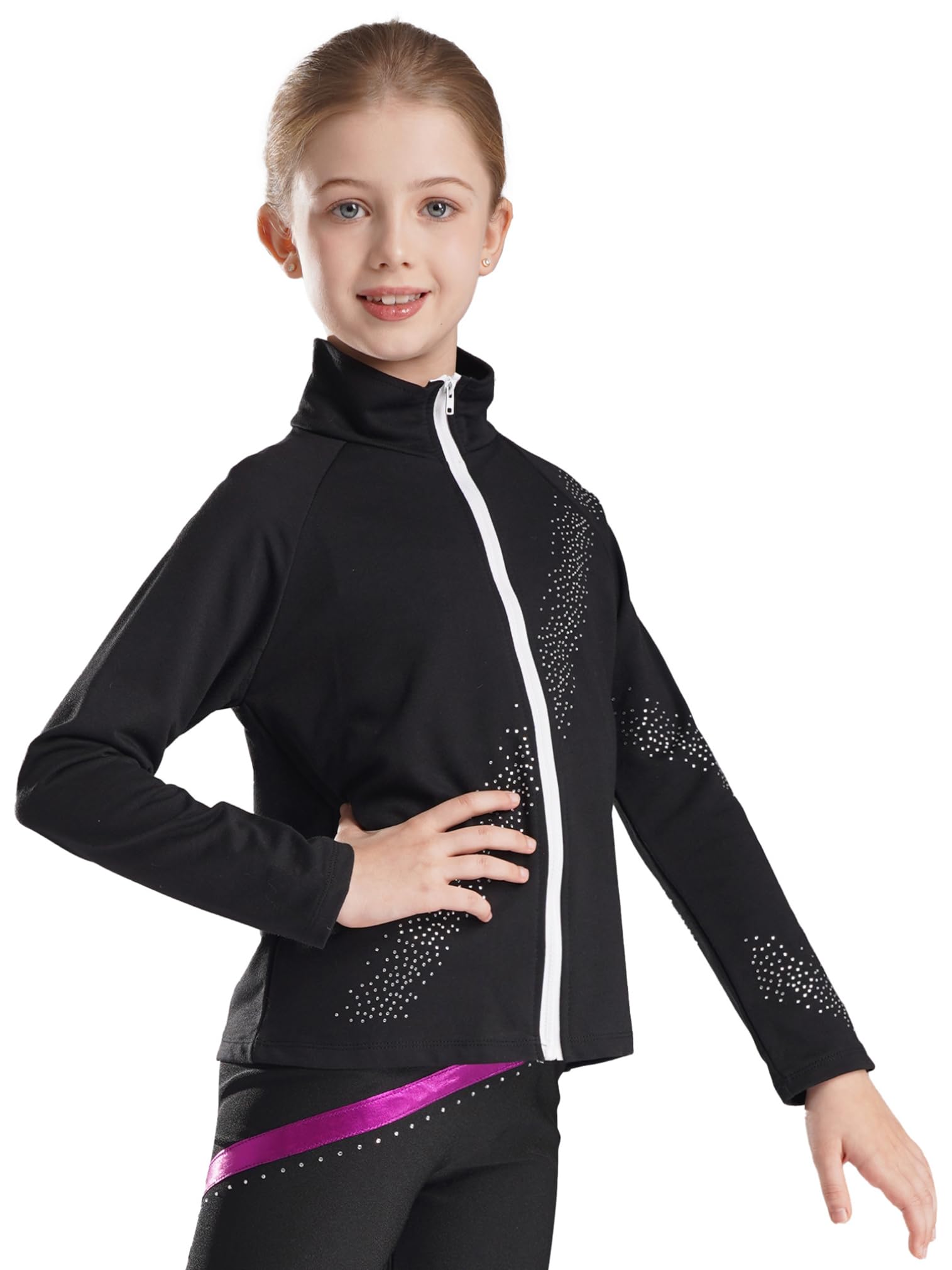 easyforever Kids Boys Girls Figure Skating Jacket Long Sleeve Stand Collar Rhinestones Zipper Sweatshirt Top Outerwear Black 6 Years