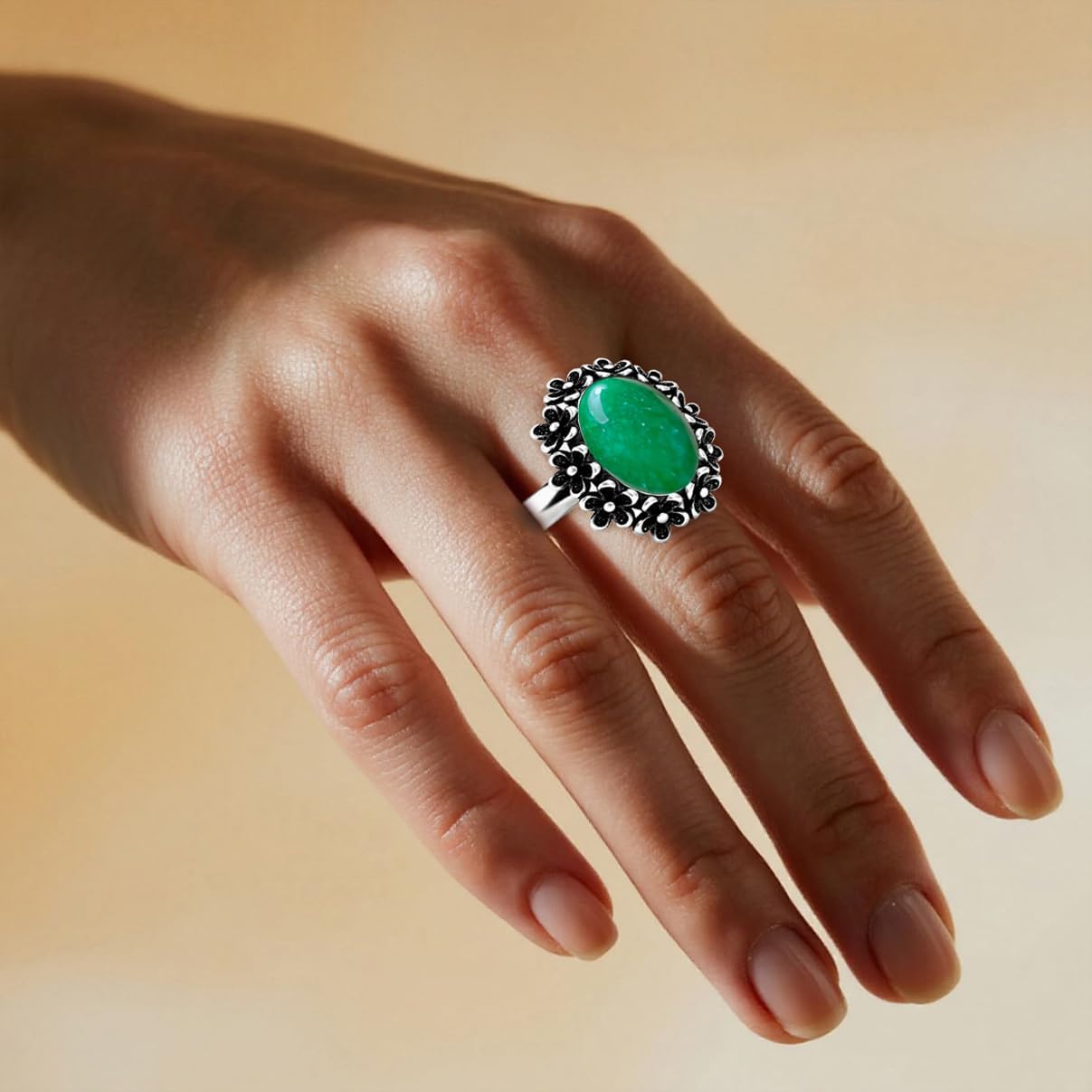 Sterling Silver Natural Stone Flower Ring,Retro Antique Vintage Oval Genuine Crystal Quartz Gemstone Floral Boho Bohemian Statement Ring for Women