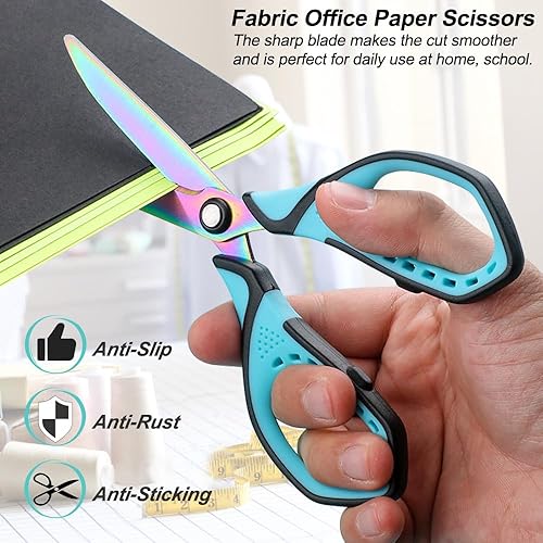 Miniatura 5 de Tijeras de 7 pulgadas para estudiantes, tijeras antiadherentes de titanio, paquete de 2, tijeras multiusos con funda protectora para tela, papel,