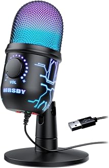 MRSDY Gaming Microphone, USB Computer Microphone for PC, Mac, PS4/5, Condenser Podcast Mic for Studio Recording, YouTube, Streaming, with Headphone Jack, Led Light, Mute, Gain, Noise Cancellation