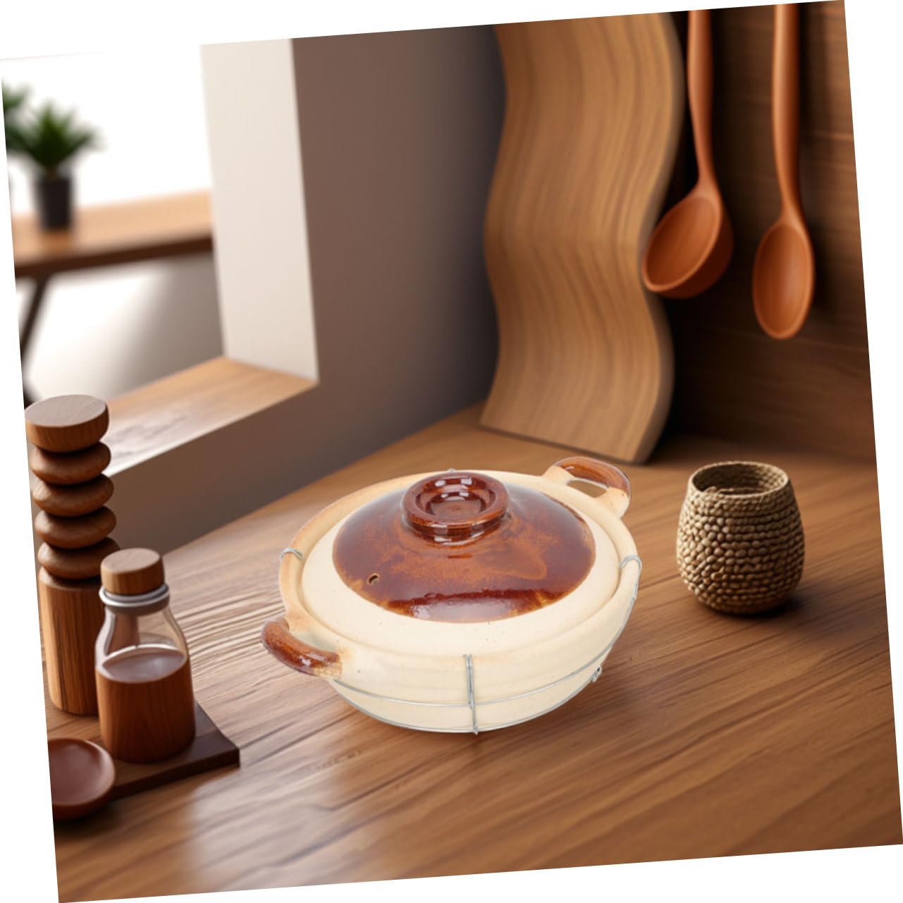 Olla de Barro con Asa para Cocinar, 2 Piezas Beige de Arcilla | Hierro Incluido Estructura, Diseño de Agarre Seguro y Resistente al Calor, para Sopas y Preparación Individual