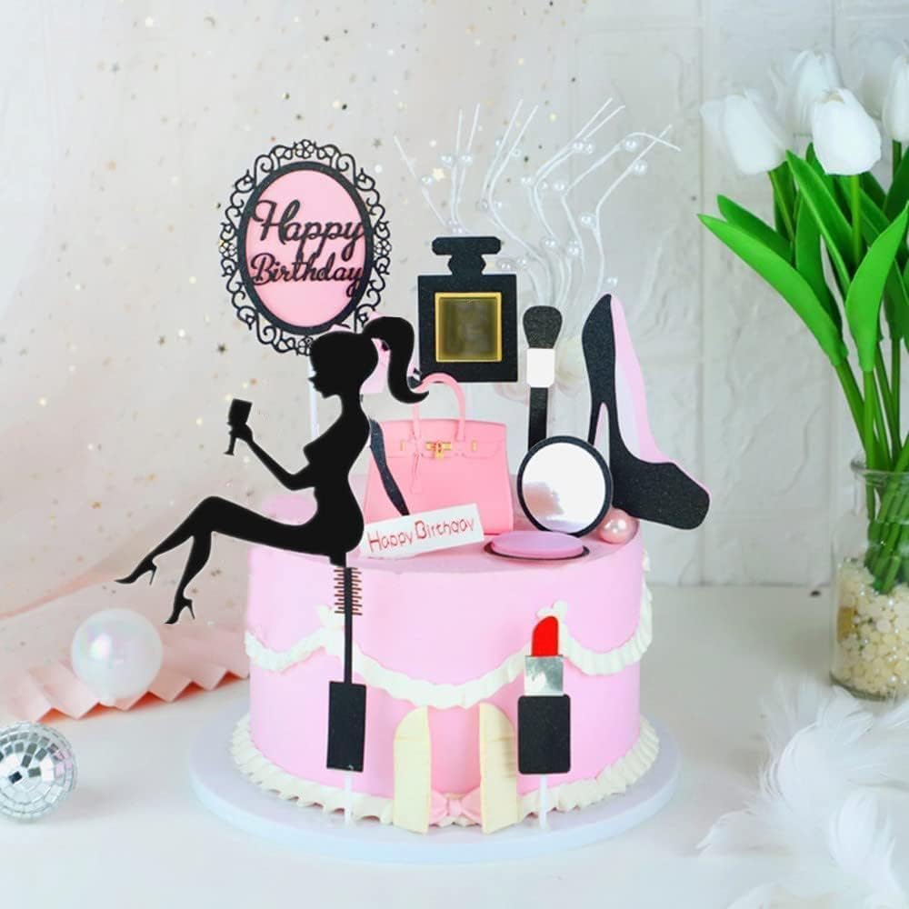 Makeup Party Cake Topper Decoration Kit, High Heels Perfume Lipstick Pink Handbag Ornament for Ladies Girl Mother Birthday