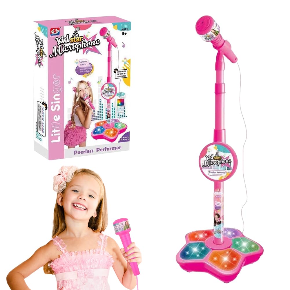 KQWVZ Kids Microphone and Stand, Adjustable Kids Karaoke Machines with Flashing Stage Lights, Stand Up Kid Karaoke Machines, Kids Microphone With Stand for Girls Boys Birthday Gift
