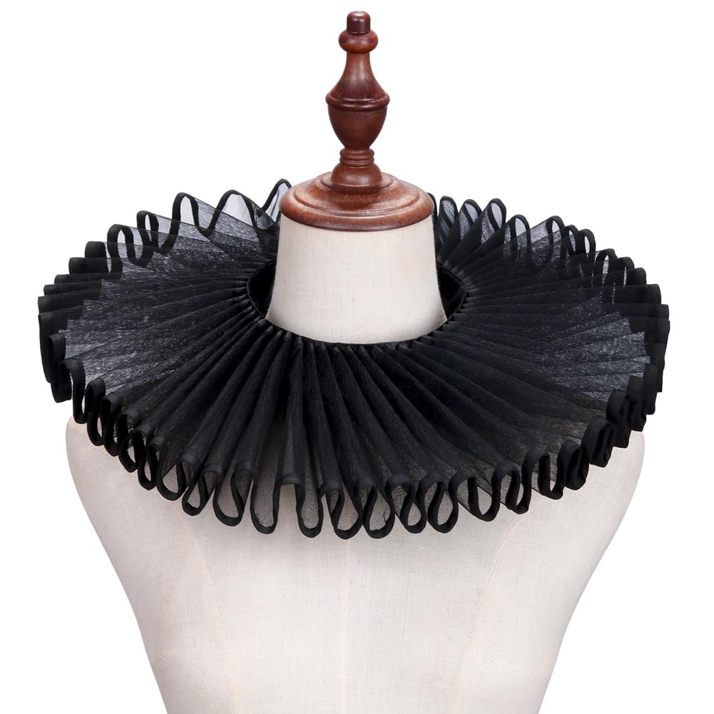 CABODYALS Black Tulle Ruffled False Collar Victorian Renaissance Elizabethan Detachable Lace Up Ruffs Transparent Organza Cape Clown Neck Collars for Women Ladies Costume Accessories Party Cosplay