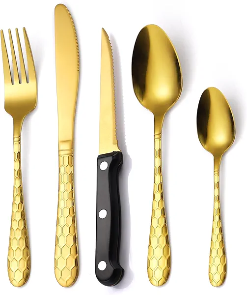 30 Pcs Gold Hammered Silverware Set Service for 6,with Steak Knives Stainless Steel Flatware Set,Mirror Cutlery Utensil,Durable Kitchen Tableware,Ripple Teardrop Fork Knife Spoon,Dishwasher Safe