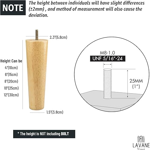 Miniatura 5 de La Vane - Juego de 4 patas de madera maciza cónicas M8 para muebles, de repuesto, para muebles, con perno preperforado de 516 pulgadas, placa de