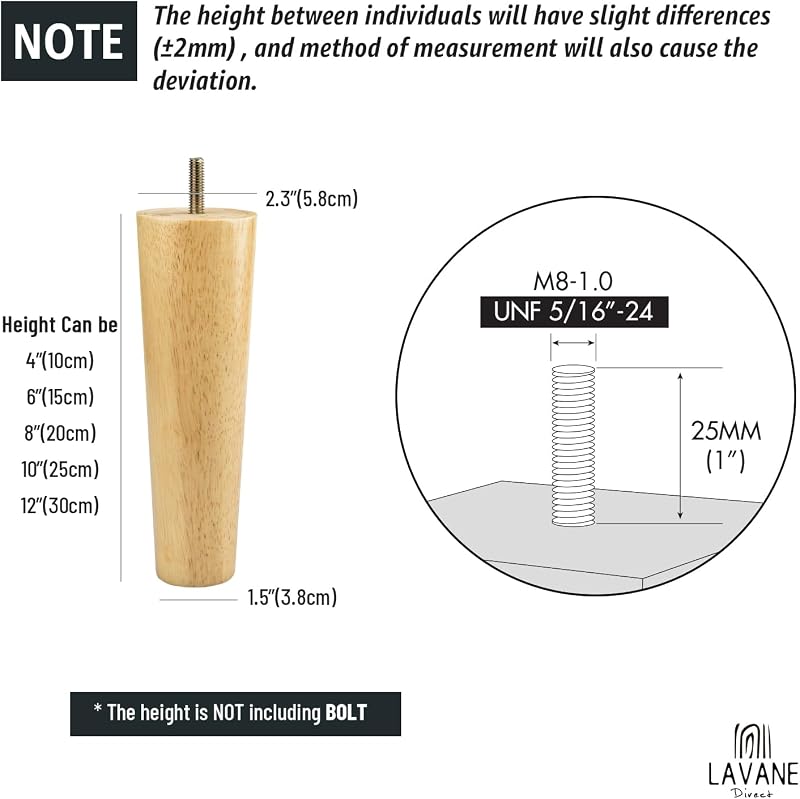 LA VANE Tömörfa Bútorlábak 4 db-os Szett - 10 cm Kúpos Cserélhető Lábak Rögzítőlemezekkel Kanapéhoz, Ágyhoz, Szekrényhez, 300 kg Teherbírás - 4" / 10cm, Clear Lacquer Conical