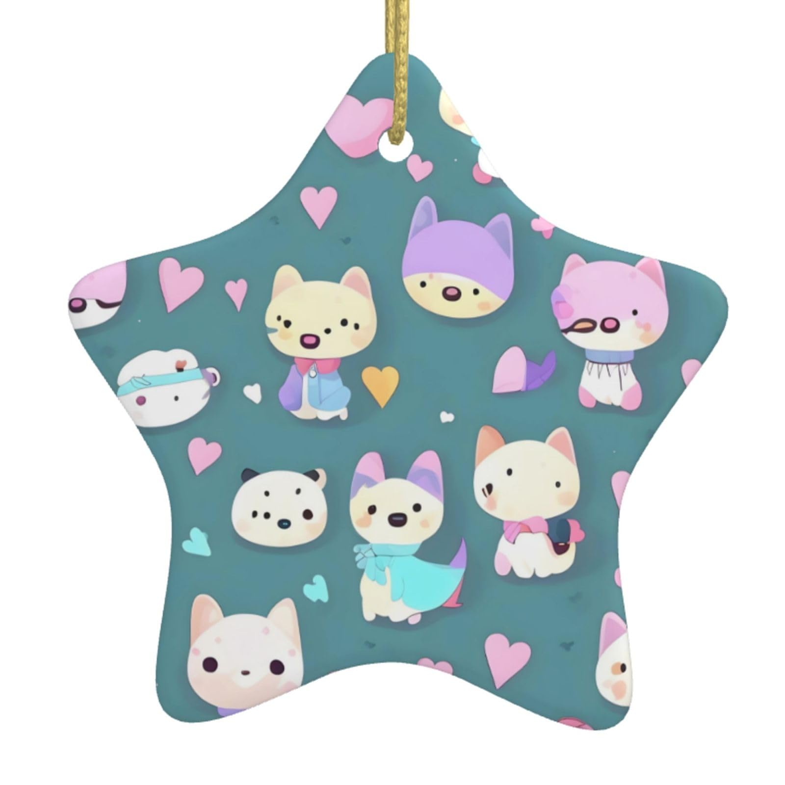 Cute Little Fox Christmas Ceramic Star Pendant with Punched Holes and Gold Wire Rope, Christmas Tree Home Decoration