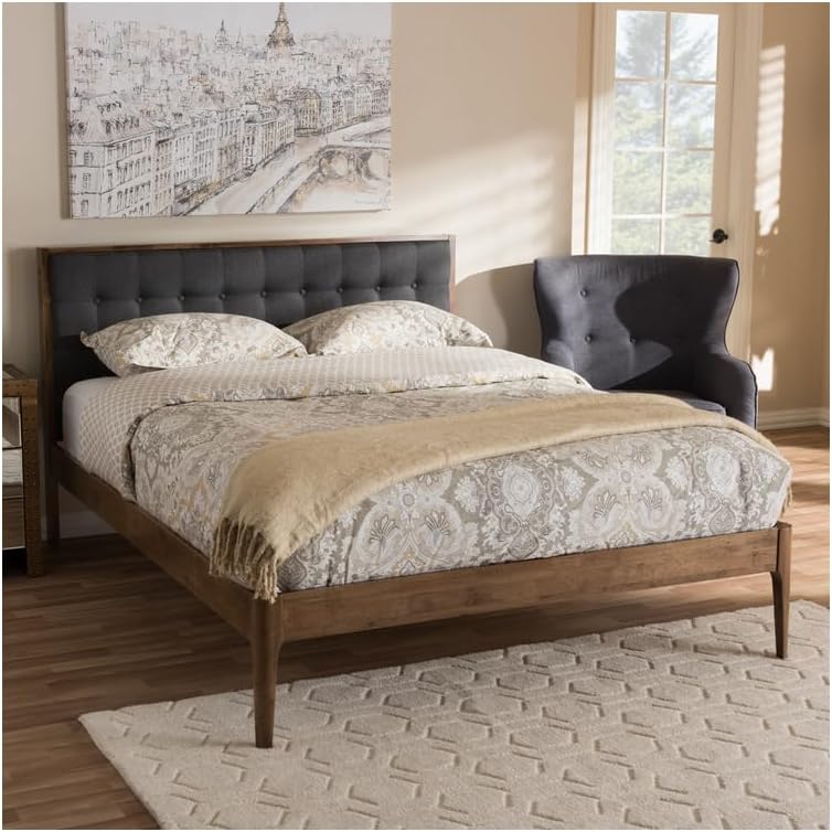 HomeStock Grey Fabric Platform Bed King Size Mid-Century Modern Upholstered Headboard
