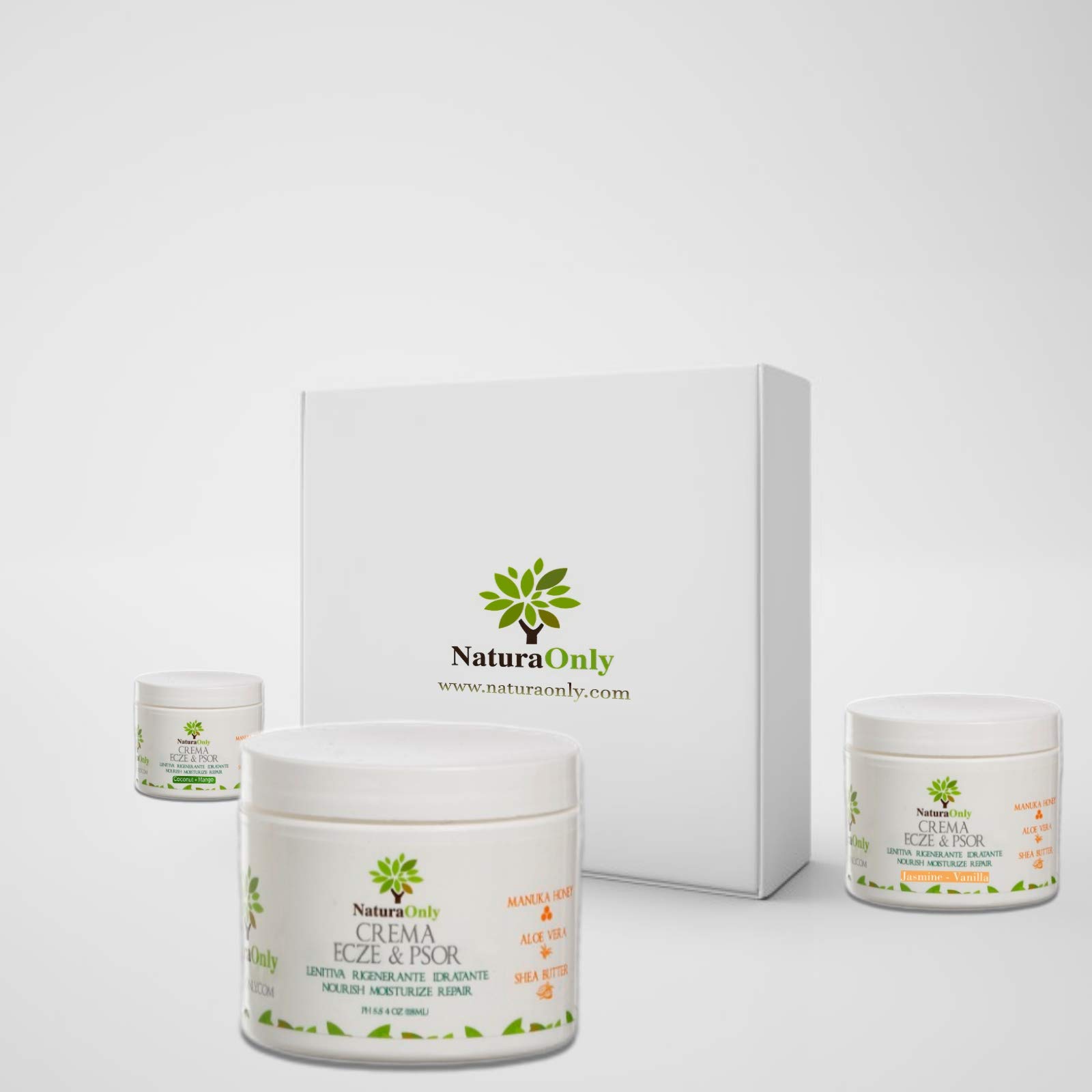 Set Creme Ecze & Psor con 2 fragancias – 3 cremas naturales e intensivas con miel de Manuka, Aloe Vera, manteca de karité, aceite de coco. Tratamiento para piel seca, picazón, enrojecida y escamosa.