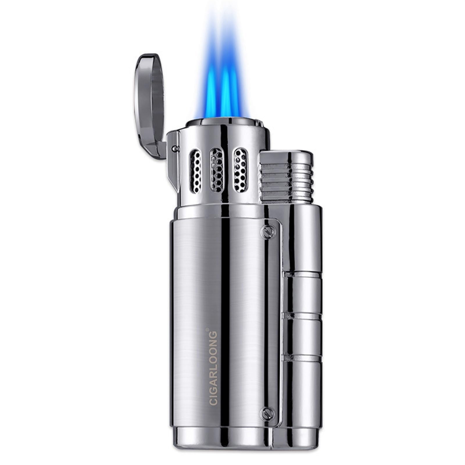 Encendedor de metal portátil, resistente al viento, triple llama de butano, tamaño de llama ajustable, recargable y reutilizable, adecuado para barbacoas, velas, al aire libre, camping, el mejor