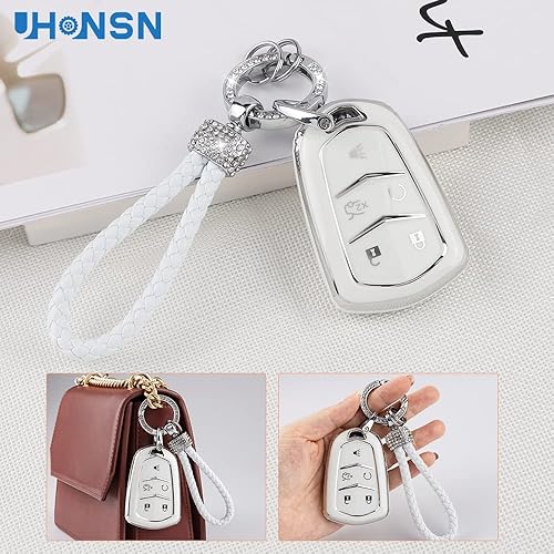 Miniatura 9 de UHONSN Funda para llavero Cadillac de poliuretano termoplástico suave, color blanco, protector completo compatible con Cadillac Escalade CTS SRX XT5