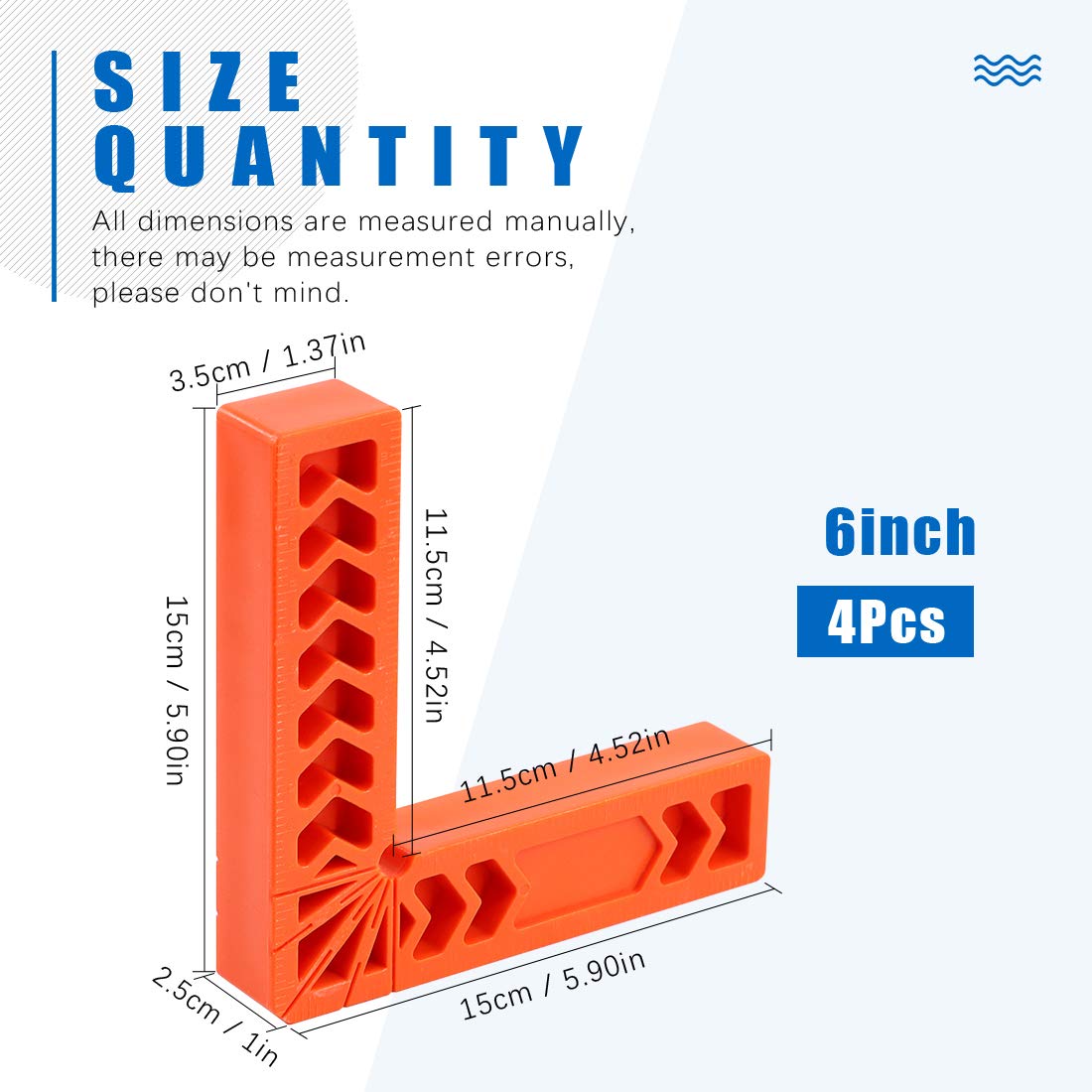 Glarks 4 szt. 6"/150 mm kwadraty pozycjonowania 90 stopni, zaciski kątowe do obróbki drewna, ramki na zdjęcia, pudełka, szafki lub szuflady, linijka kątowa typu L, narzędzie stolarskie (6''/150 mm)