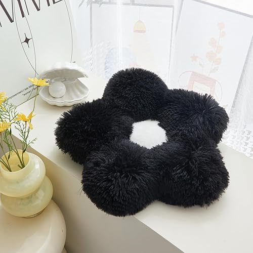 Almohada de pelo sintético, almohada de suelo en forma de flor, cojín de asiento, bonita decoración de habitación y almohada de felpa para Negro