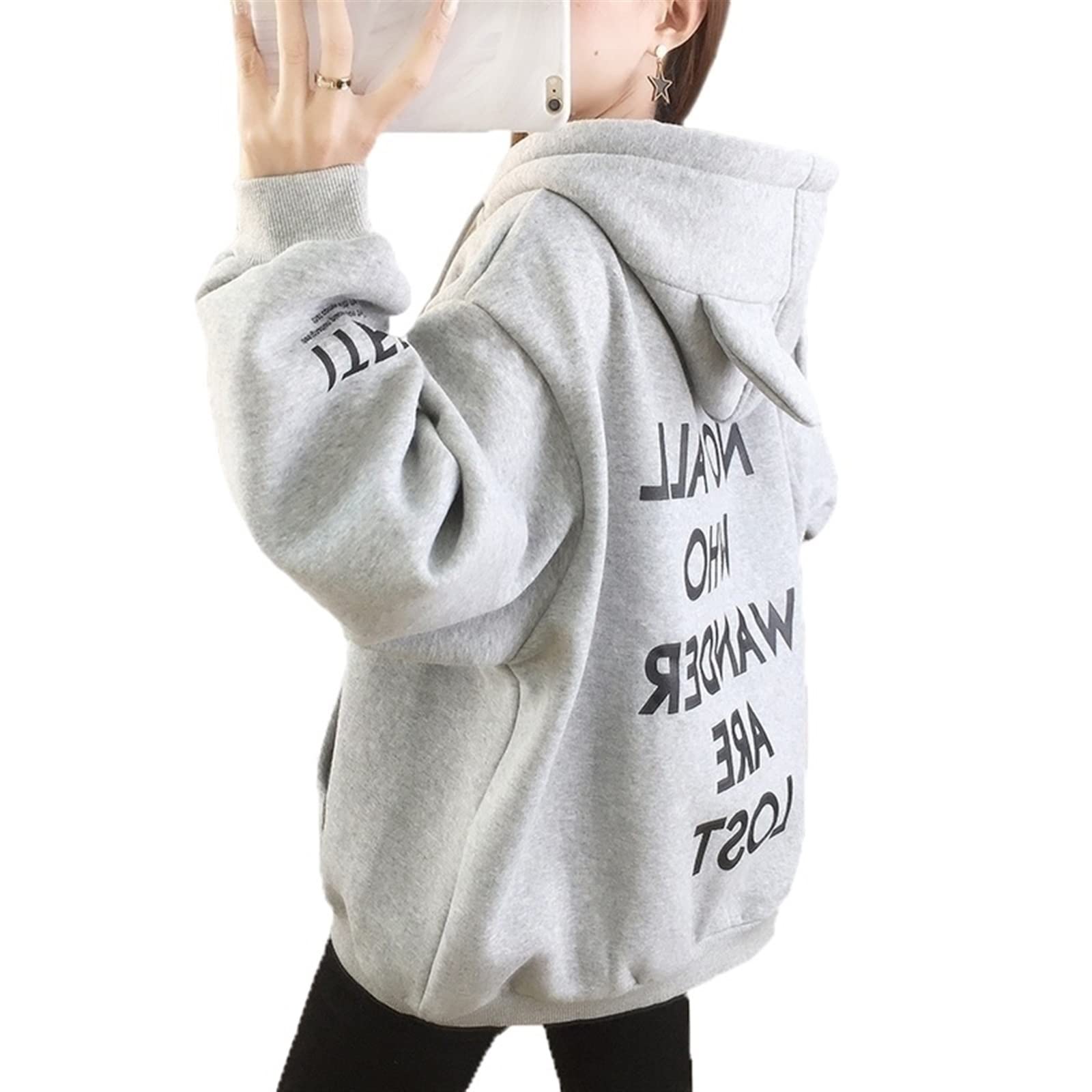 TKSYSHoodie Women Hoodies for Women Sweatshirt for Women - Devil Pattern Letter Print Long Sleeves Fleece Hooded Sweater Women's Top Coat (Color : Gray, Size : Medium)