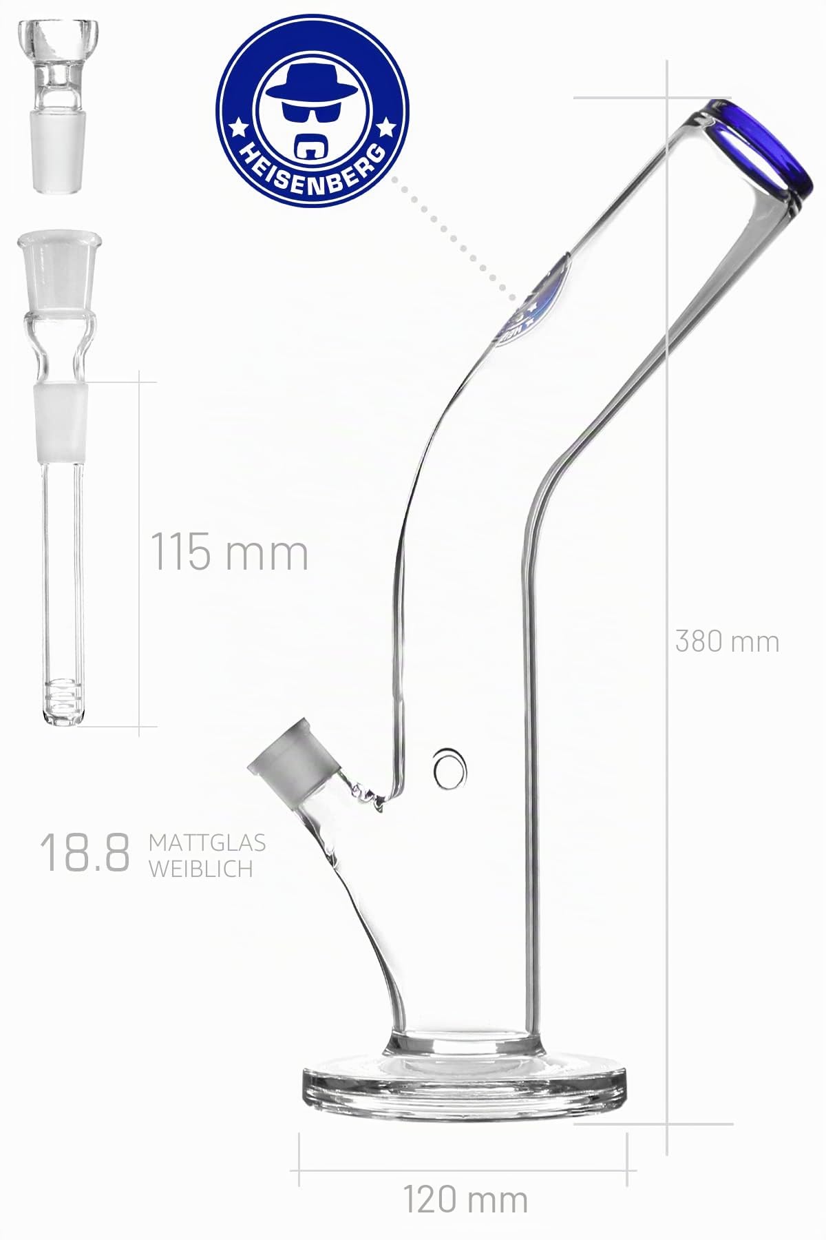 Heisenberg Slick Rick Glasbong 38cm Wasserpfeife mit 18.8er Schliff (NS19) mit Kickloch, Rundfuß und geknicktem Rohr