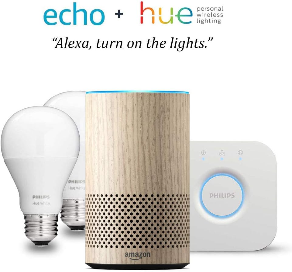 Echo (2nd Gen) Oak Finish with Philips Hue White Smart Light Bulb Starter Kit