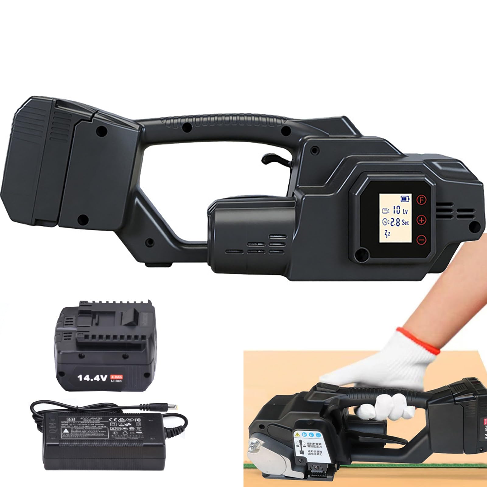 ZHZWwansuGE Handheld Electric Strapping Tool, 3500N Portable Electric Strapping Machine, With 14V 4.0Ah Battery, Performs Sealing/Tensioning/Cutting, For 7–19mm PP/PET Strapping