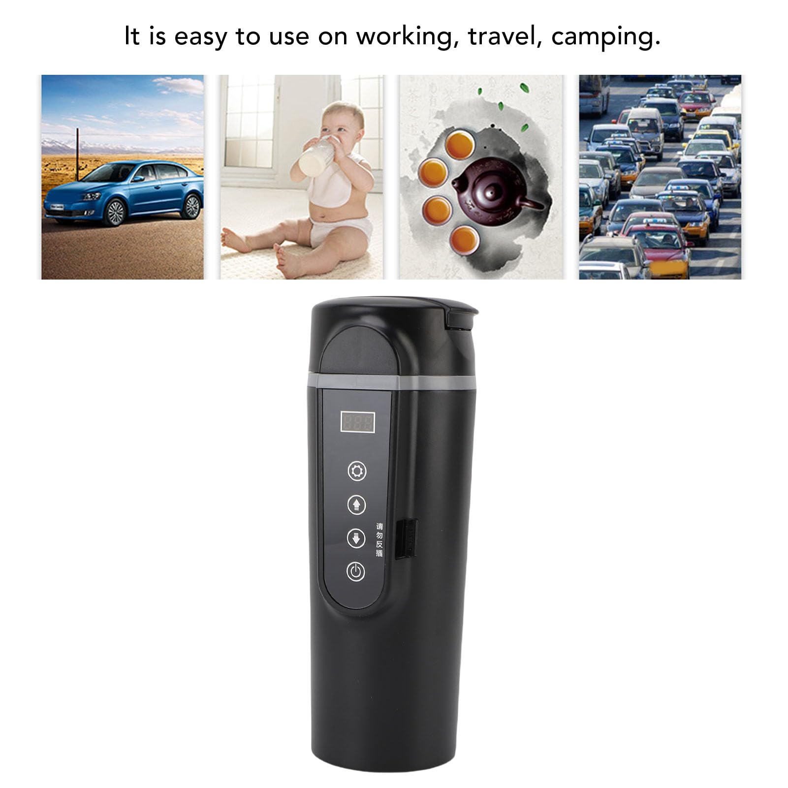 SIXRUN Taza Calefactora Portátil para Coche, Hervidor Eléctrico de Viaje de 500ML, Control Inteligente de Temperatura, Calentamiento Rápido para Coche, Camión, Compatibilidad con Doble Voltaje
