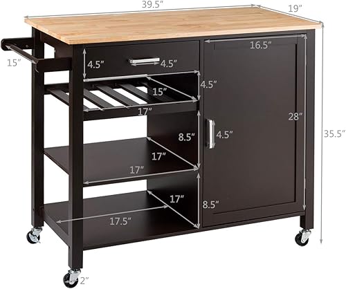 Miniatura 8 de Giantex Kitchen Island Cart Carrito de servicio con ruedas, carrito de madera con cajón, armario de almacenamiento, 4 estantes para botellas de