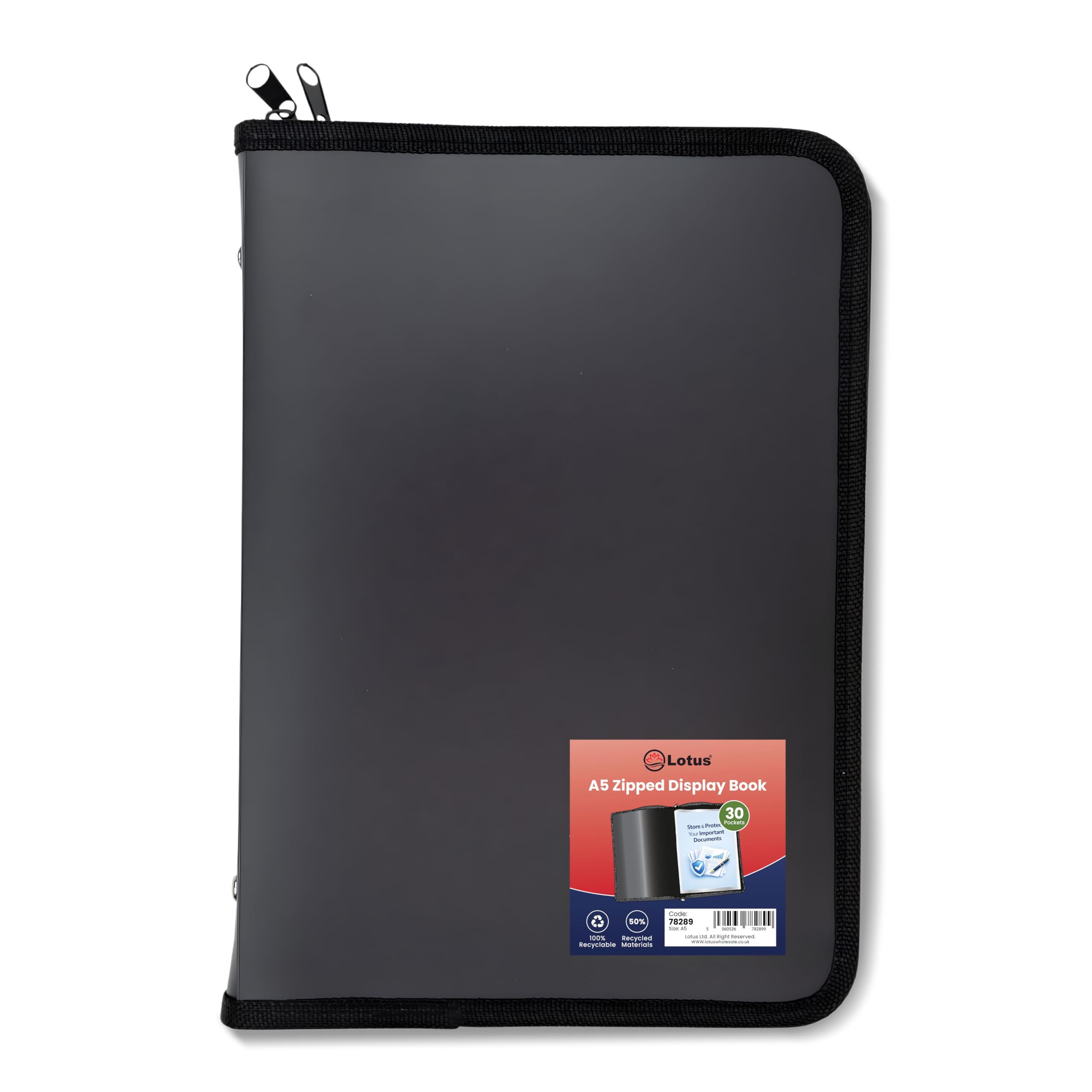 A5 Zipped Display Book 30 Pockets - Black 50% Recycled Presentation Folder with Plastic Sleeves - Portfolio & Project Folder for Office & School (Lotus)