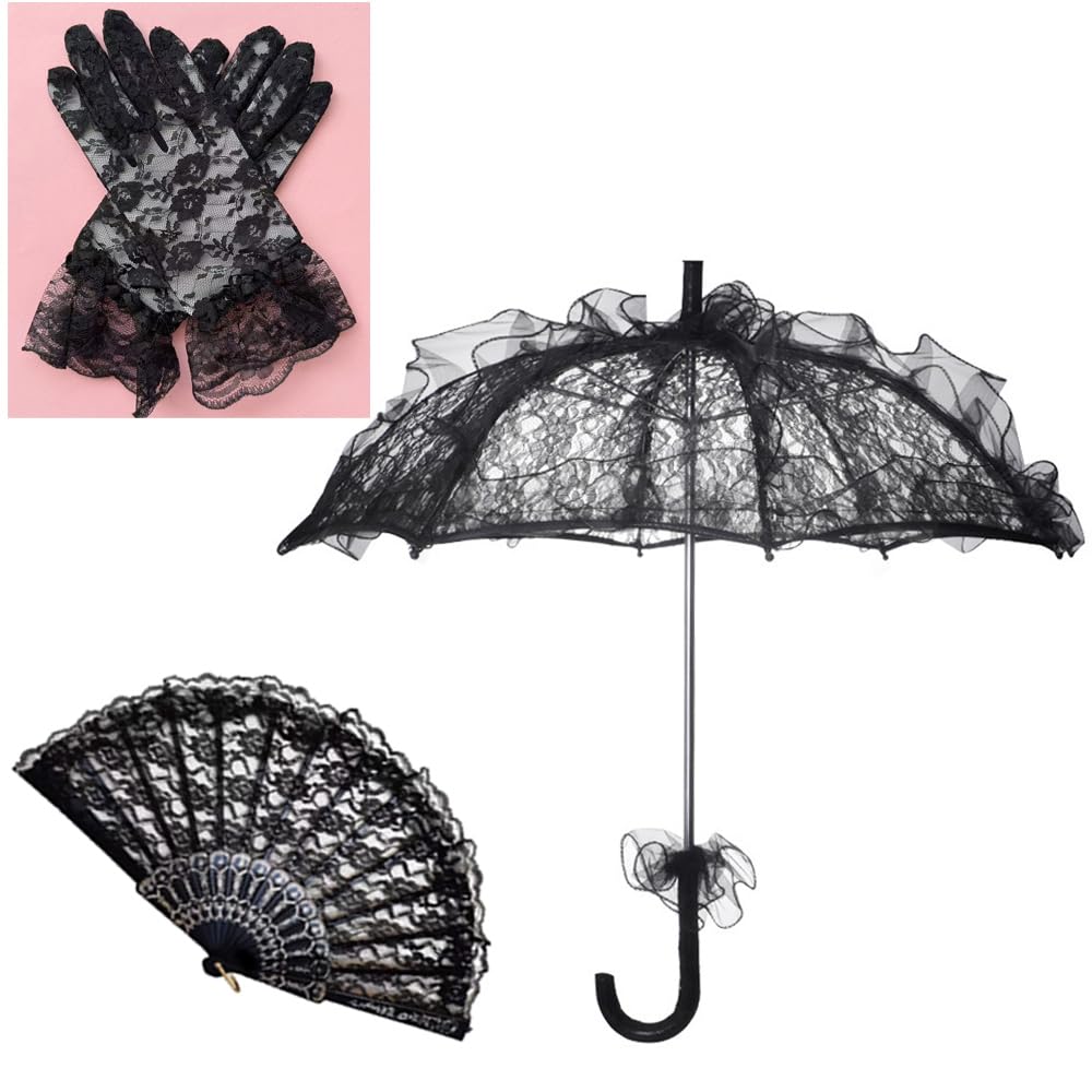 GELXGRIT Lace Parasol Set Halloween Black Lace Umbrella Parasol Vintage Embroidery Umbrella Black Flower Gloves Handheld Folding Fan for Weeding