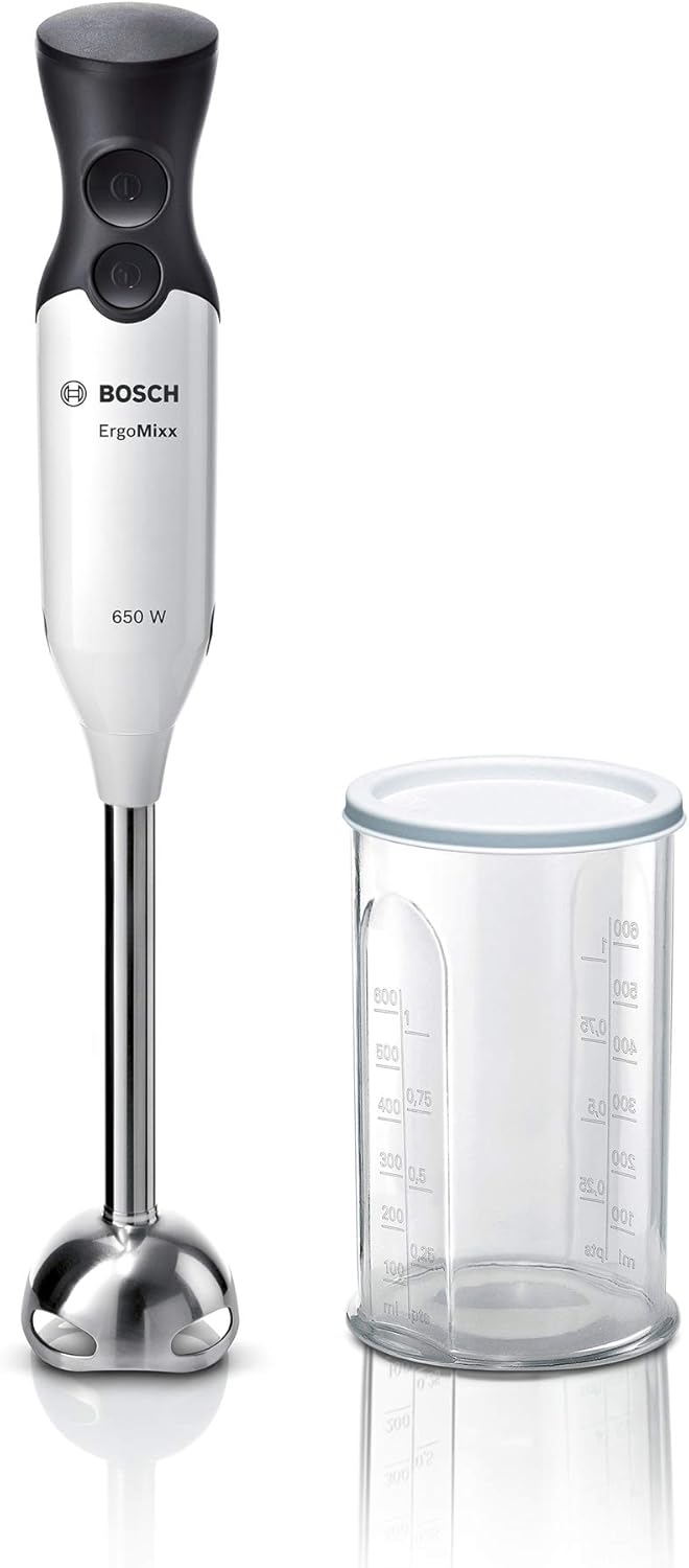 Bosch ErgoMixx Style MS6CA2110 - Batidora de mano (mango ergonómico, 2 niveles más nivel turbo, vaso mezclador con tapa, 650 W, plástico), color blanco
