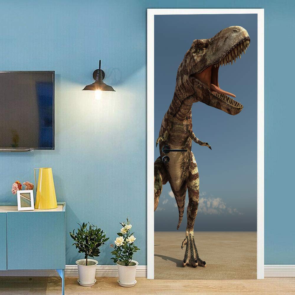 Sticker porte trompe l'oeil dinosaure 3D autocollant imperméable 90x200