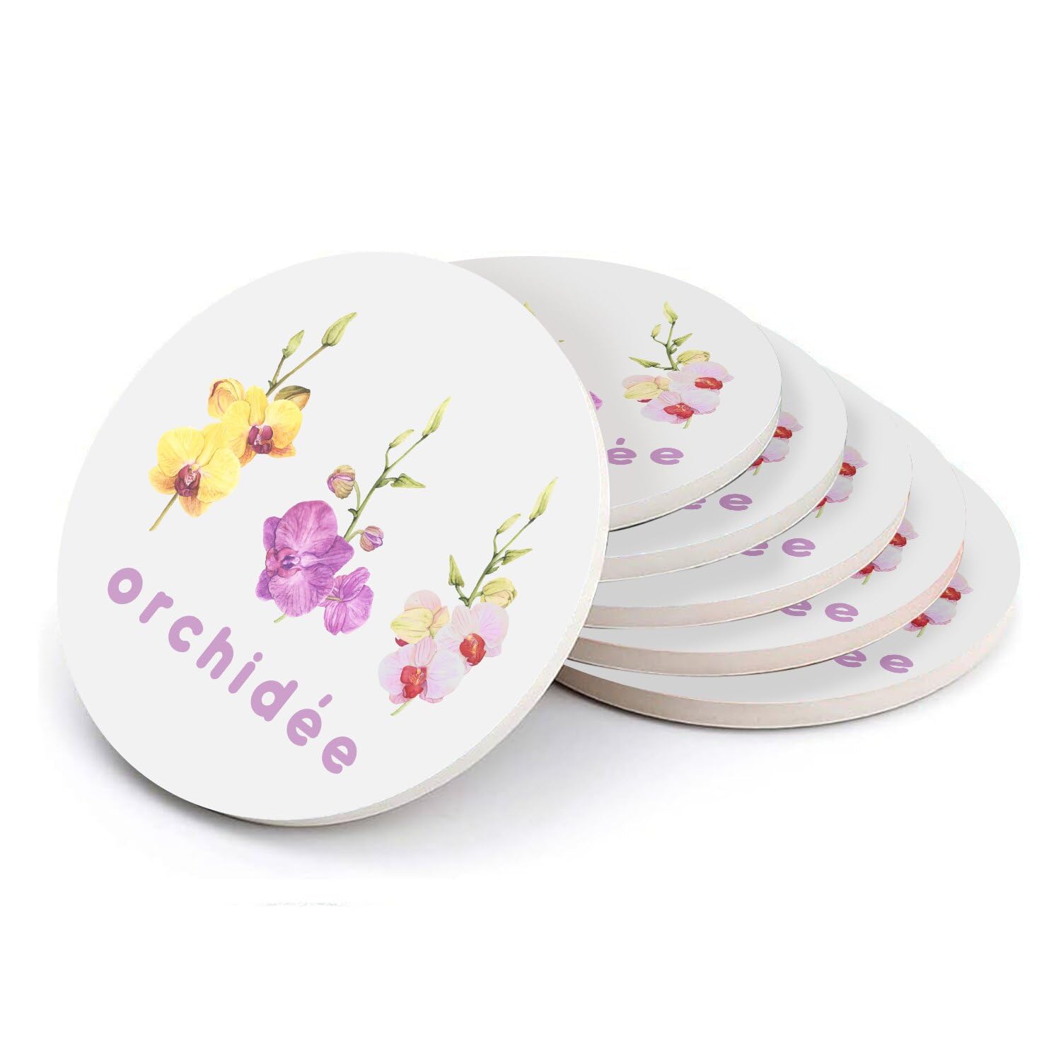 Sous-verre ronds en céramique cadeau idéal - Coffret de 6 dessous de verre orchidée aquarelle