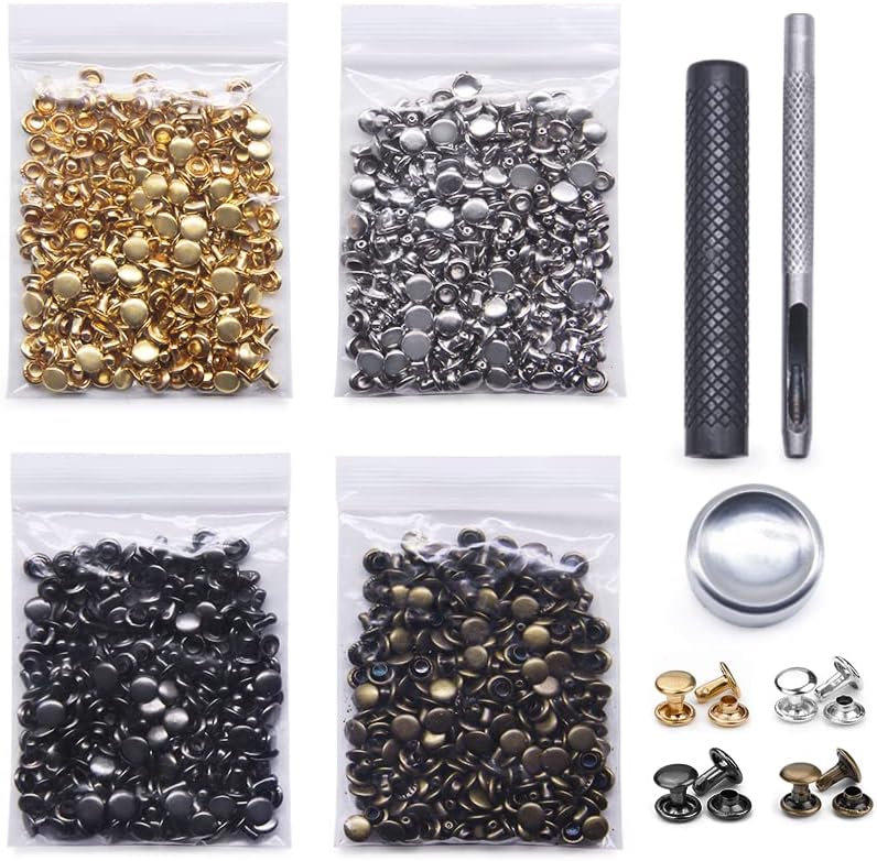 N/H 400 Sets Leather Rivets, Double Cap Rivet Tubular 4 Colors Metal Studs with Fixing Tools for DIY Leather Craft/Clothes/Shoes/Bags/Belts Repair Decoration (5x5mm)