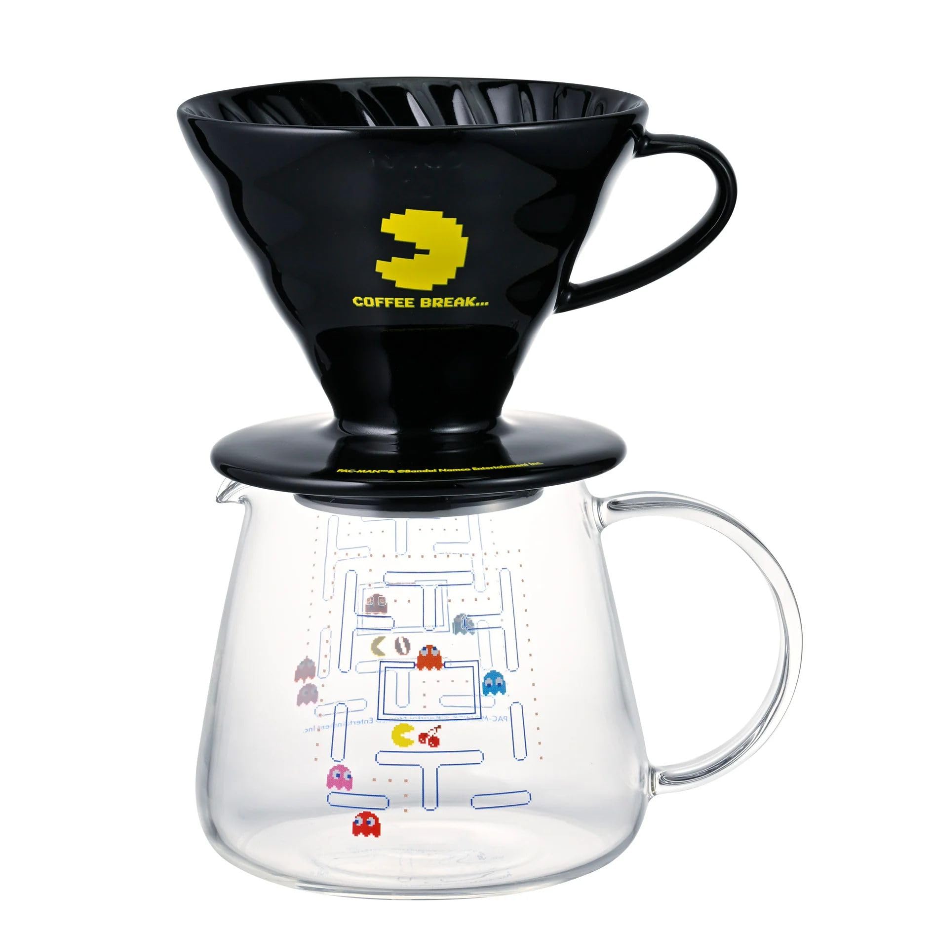 V60 Pour Over Coffee Dripper Set with PAC-MAN – Ceramic Coffee Maker with Glass Server, Limited Edition Japanese Design