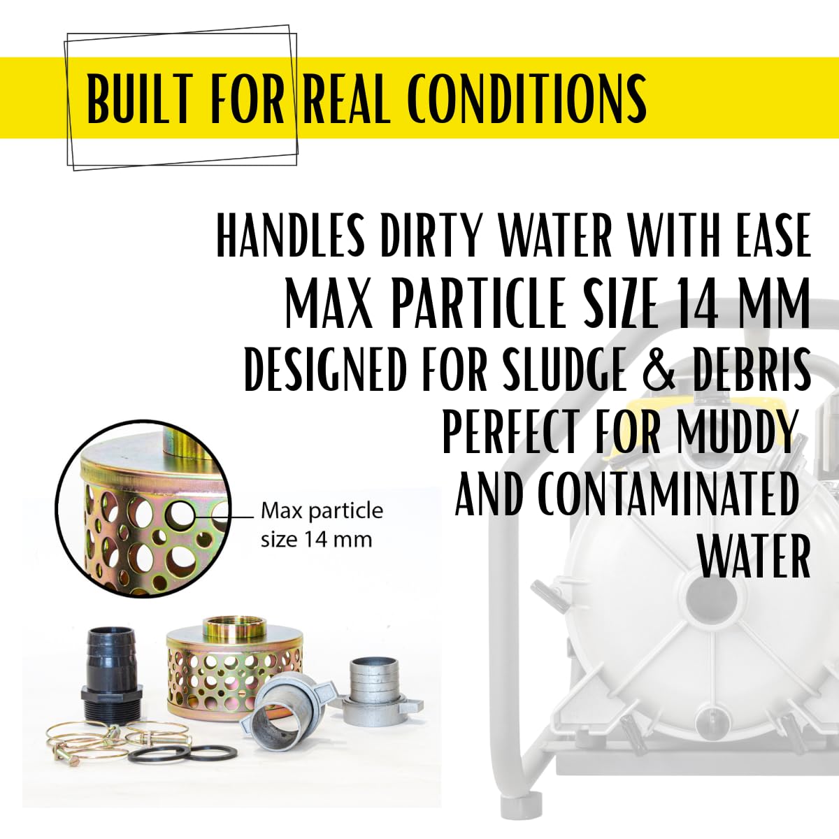 ✦ WASPPER WP20D-P ✦ Bomba de Agua Sucia De Uso Rudo & Portable con Tasa de Flujo de 30 000 l/hr ✦ Elevación de Agua de 28 m ✦ 3 600 RPM Motor de Gasolina de 4 Tiempos y Accesorios incluidos