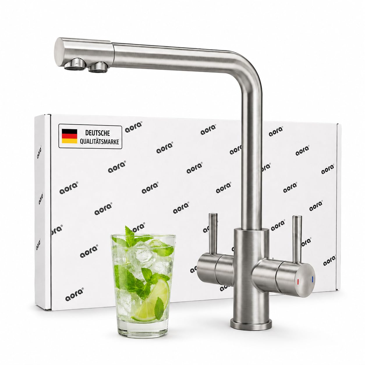 AORA® VANTO INOX 3 Wege Wasserhahn Küche aus massivem Edelstahl 304 – Küchenarmatur Hochdruck für Wasserfilter & Osmoseanlage – Spültischarmatur mit 360° Auslauf – Mischbatterie Küche | L-Auslauf