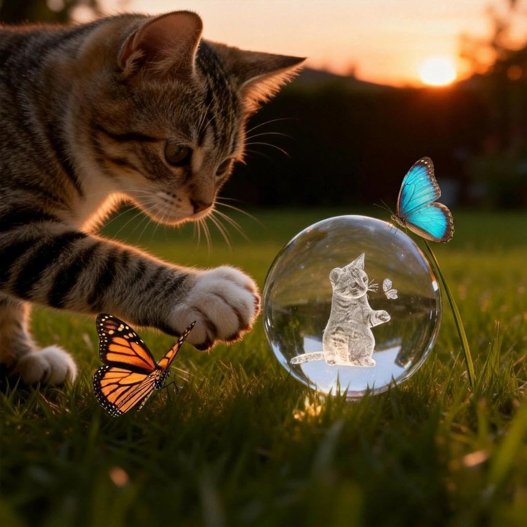 60mm 3D Laser Engraved Cat Crystal Ball Figurine Cat Themed Gift for Women