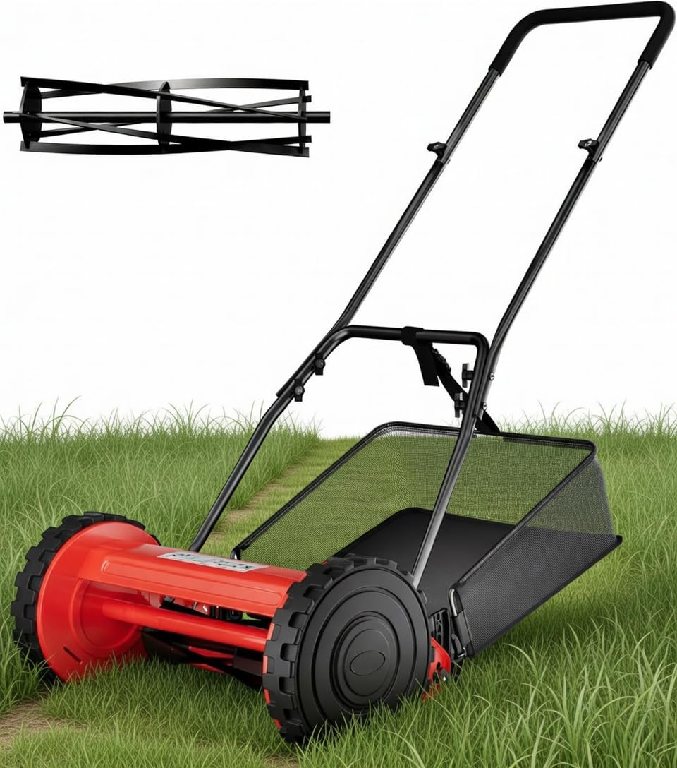 Photo 1 of 14-Inch Cordless Push Reel Lawn Mower, 5-Blade Walk-Behind Manual Grass Cutter with Steel Frame, Adjustable Cutting Height, Soft Grip Handle & 6.7-Gallon Grass Catcher