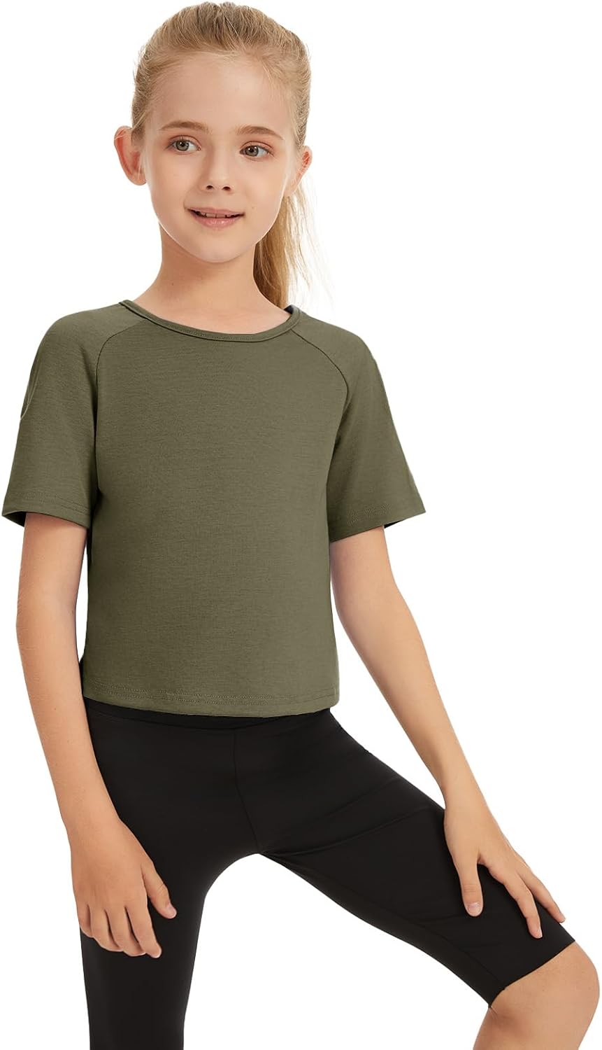 Girls Summer Workout Crop Tops Cropped Split Back Athletic Gym Exercise Short Sleeve Basic T Shirts 3-14 Years - Image 2