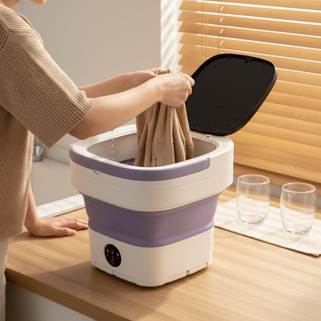 Mini Waschmaschine, 12L Tragbar Faltbare Waschmaschine mit Ablaufschlauch & Tropfkorb für Unterwäsche, Socken (Lila)