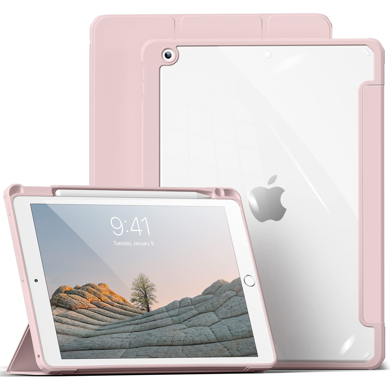 aoub Hülle für iPad 9. /8. / 7. Generation 2021 2020 2019, Smart Folio Hülle mit Stifthalter für iPad 9/8/7, Schutzhülle für i Pad 10,2 Zoll, Transparente Rückseite, Rosa