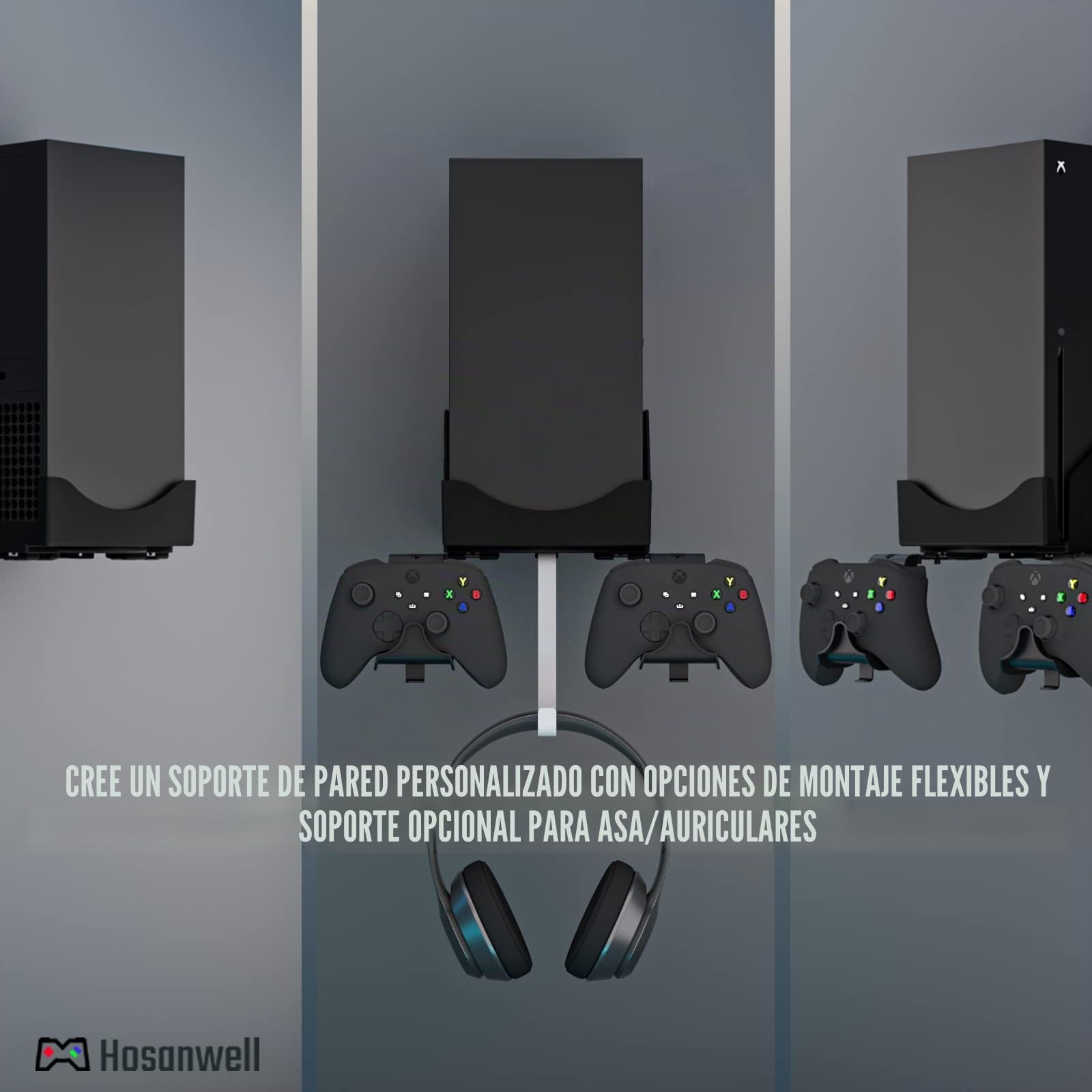 Hosanwell Soporte Pared Xbox Series X Montaje Pared para Consola, Controlador y Auriculares, Soporte Sólido con Alfombrilla Antideslizante, Muesca de Carga Disponible para Cable USB